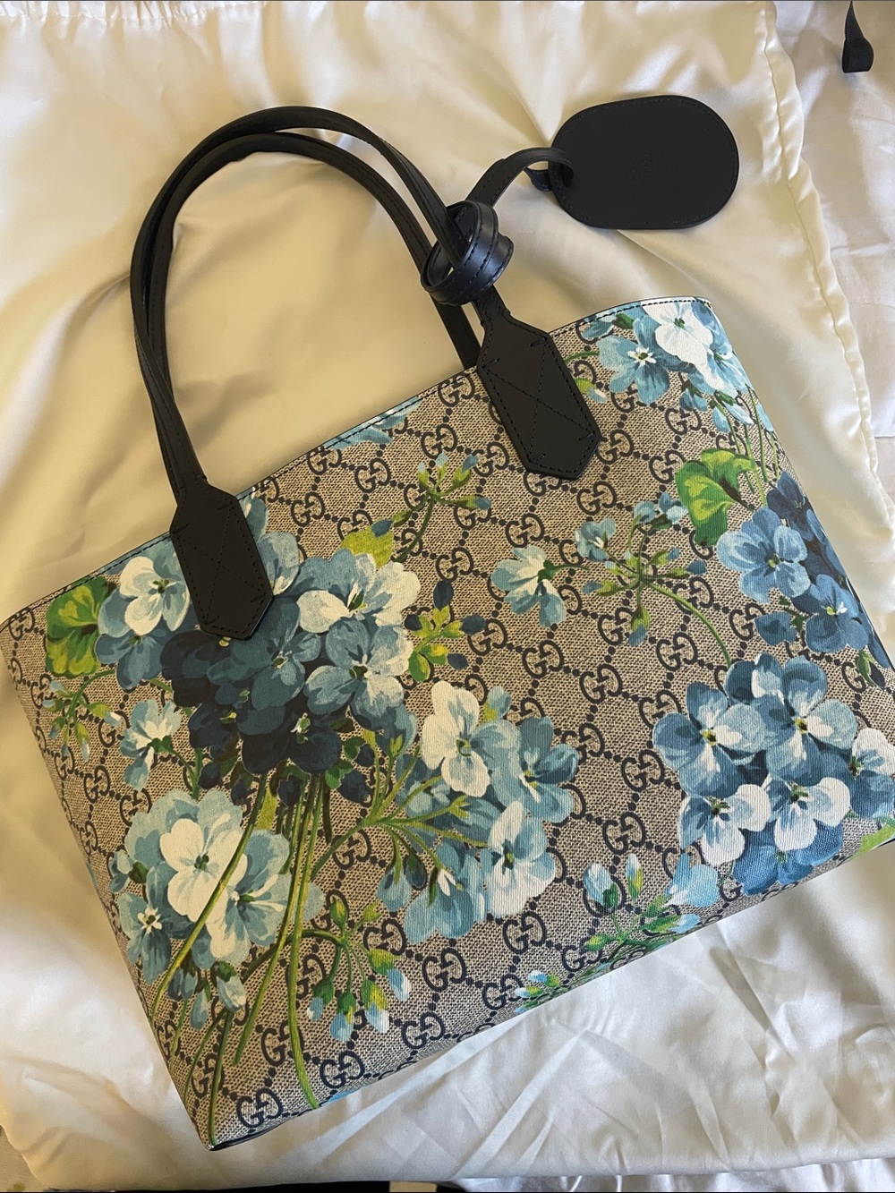 Gucci Blue & Green Floral GG Canvas Tote with Black Handles